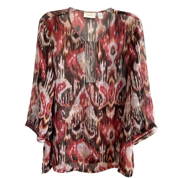 Chico’s Embellished 3/4 Sleeve Sheer Blouse Size 2 (Large/12) - Picture 1 of 13